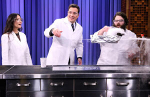 Kevin Delaney leads Jimmy Fallon and Lucy Liu in a series of science experiments on "The Tonight Show Starring Jimmy Fallon" on Nov. 7.