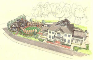An architectural rendering from Polk Stanley Wilcox Architects of the proposed Fowler House Garden and Conservatory addition.