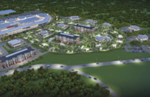 A rendered perspective looking west at The Grove (center).