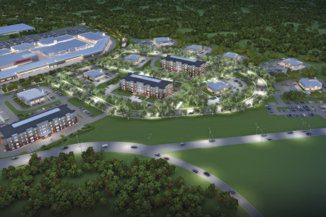 A rendered perspective looking west at The Grove (center).