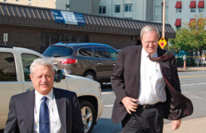 Attorney Tim Dudley, left, represented Steve Standridge, shown here in a file photo from September 2012, when Stand-ridge initially pleaded not guilty to federal crimes charged in the Eastern District of Arkansas. | (Photo by Mark Friedman)