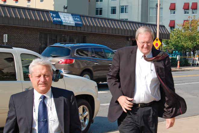 Attorney Tim Dudley, left, represented Steve Standridge, shown here in a file photo from September 2012, when Stand-ridge initially pleaded not guilty to federal crimes charged in the Eastern District of Arkansas. | (Photo by Mark Friedman)
