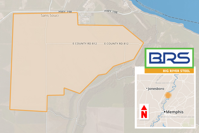 Construction of the Big River Steel manufacturing plant in Osceola is taking place in the area shaded above.