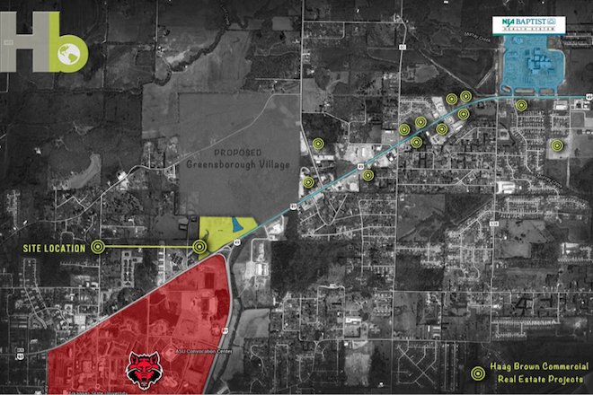 This aerial photo shows the location of the 26-acre plot that Haag Brown Commercial and Arkansas State University hope to commercially develop.