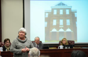 Patsy Manion speaks to the audience after the UCA Board of Trustees voted Dec. 12 to rename Laney Hall to Laney-Manion Hall in honor of her late husband, Jerry Manion.