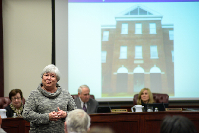 Patsy Manion speaks to the audience after the UCA Board of Trustees voted Dec. 12 to rename Laney Hall to Laney-Manion Hall in honor of her late husband, Jerry Manion.