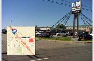 The area (shaded in red on the map) on Oak Street in Conway that is attracting interest from developers is the site of the former Superior auto dealership. | (Faulkner County Assessor)