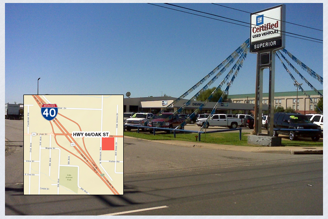 The area (shaded in red on the map) on Oak Street in Conway that is attracting interest from developers is the site of the former Superior auto dealership. | (Faulkner County Assessor)