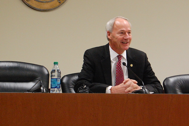 Gov.-elect Asa Hutchinson speaks with reporters Jan. 6 on the upcoming legislative session.
