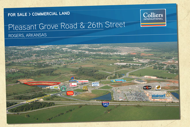 This flyer from Colliers International NWA advertises commerical property for sale at Pleasant Crossing in Rogers.