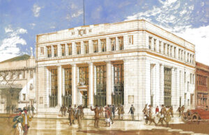 Architect Charles Thompson’s painting of the Federal Reserve Bank designed by his firm and built in 1924. The building is now the eStem High Public Charter School at the southeast corner of Third and Louisiana streets in downtown Little Rock.