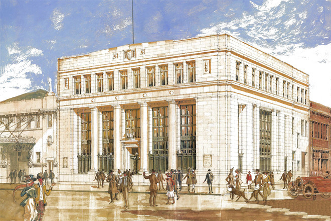 Architect Charles Thompson’s painting of the Federal Reserve Bank designed by his firm and built in 1924. The building is now the eStem High Public Charter School at the southeast corner of Third and Louisiana streets in downtown Little Rock.