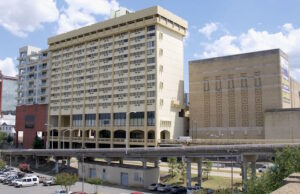 A view of the&nbsp;DoubleTree Hotel, center, from the north.