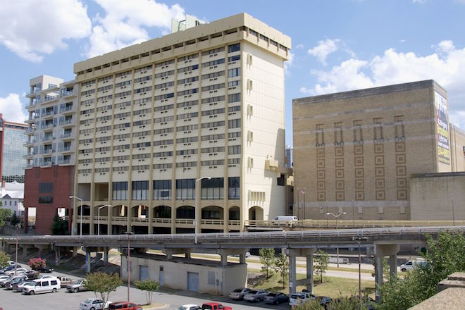 A view of the&nbsp;DoubleTree Hotel, center, from the north.