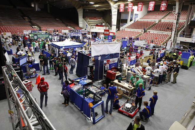 The pit at the most recent Razorback Regional robotics competition at Barnhill Arena on the UA campus in Fayetteville.