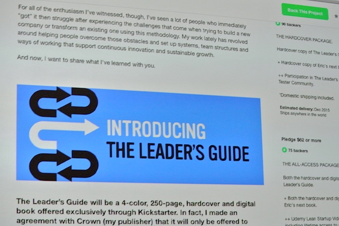 A Kickstarter page for Ries' new project,&nbsp;a Lean Startup "field guide" called "The Leaders Guide."