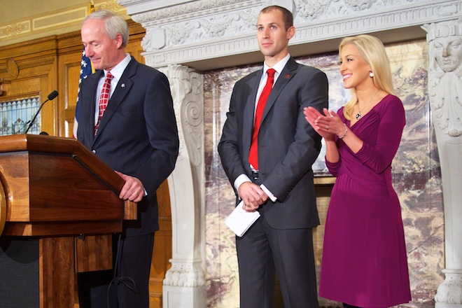 Asa Hutchinson introduces Mike Preston and his wife, Anne.
