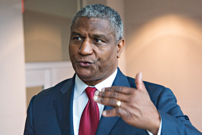 Rodney Slater, former secretary of transportation, gives an interview at the Supply Chain Management Research Center at the UA’s Sam Walton College of Business in Fayetteville.