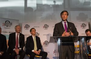 Matt Erskine of the&nbsp;U.S. Economic Development Administration speaks at Monday's announcement of a $1 million federal grant for the Innovation Hub, with Gov. Asa Hutchinson and U.S. Rep. French Hill.&nbsp;