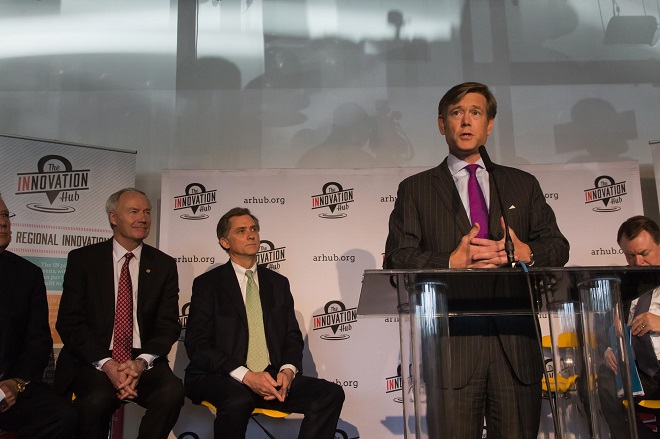 Matt Erskine of the&nbsp;U.S. Economic Development Administration speaks at Monday's announcement of a $1 million federal grant for the Innovation Hub, with Gov. Asa Hutchinson and U.S. Rep. French Hill.&nbsp;
