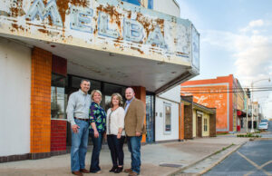 From left, Joe and Janelle Shell and Mandi and Adam Curtwright at the Melba Theater in Batesville in April 2015 before the theater's restoration.