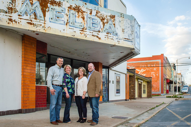 From left, Joe and Janelle Shell and Mandi and Adam Curtwright at the Melba Theater in Batesville in April 2015 before the theater's restoration.