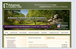 A screenshot of Arkansas Funeral Care's home page as it appeared in 2012. The website is currently offline.