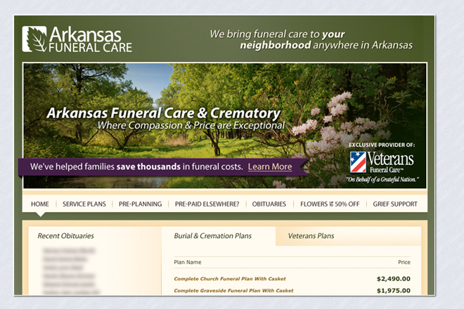 A screenshot of Arkansas Funeral Care's home page as it appeared in 2012. The website is currently offline.