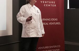 Christie Ison of ARFoodJobs.com describes her subscription model at the Venture Center's Pitch Day festivities for the second run of its Pre-Flight program.
