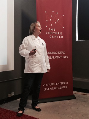 Christie Ison of ARFoodJobs.com describes her subscription model at the Venture Center's Pitch Day festivities for the second run of its Pre-Flight program.