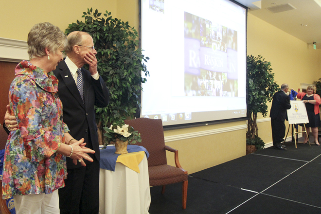 Outgoing SAU President David Rankin and his wife Toni react to the announcement that the university's College of Business would be named after him.