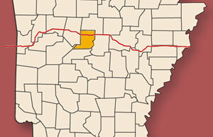The planned path of the proposed Diamond Pipeline project crosses through Conway County, shaded.