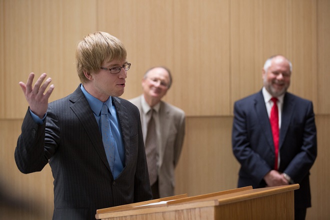 Douglas Hutchings, CEO of Picasolar, speaks to the crowd&nbsp;Wednesday&nbsp;at the dedication of the UA startup's new headquarters at the Arkansas Research and Technology Park.