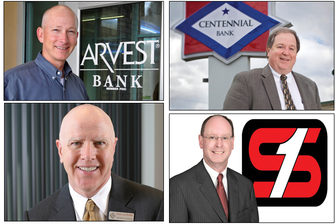 Clockwise from left: Arvest Bank president and CEO Kevin Sabin, Home BancShares president and CEO Randy Sims, Simmons First National Corp. chairman and CEO George A. Makris Jr., and Bank of the Ozarks chairman and CEO George Gleason.