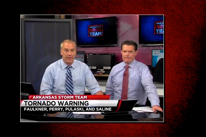 Meterologists Keith Monahan and Greg Dee during KARK/KLRT's coverage of the tornado that struck Faukner County on April 27, 2014.