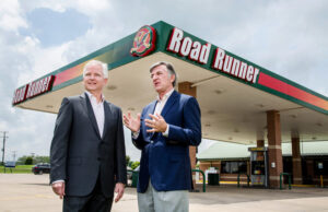 John Harris, president and CEO of Coulson Oil Co., left, and Mike Coulson, owner and chairman of the board, plan to expand the company’s retail footprint with a new 20-pump RoadRunner service station in Conway, which will open in June.