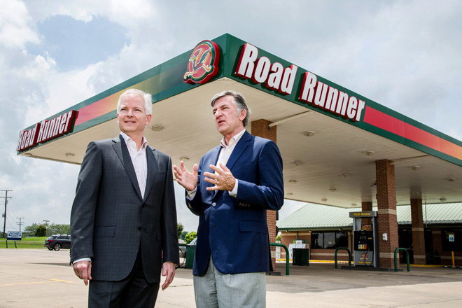 John Harris, president and CEO of Coulson Oil Co., left, and Mike Coulson, owner and chairman of the board, plan to expand the company’s retail footprint with a new 20-pump RoadRunner service station in Conway, which will open in June.