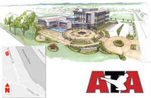 An artist&rsquo;s rendering of new $13 million American Taekwondo Association International headquarters, set to be completed in the area shaded in red in August 2016.