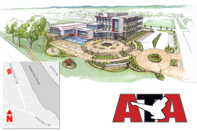 An artist&rsquo;s rendering of new $13 million American Taekwondo Association International headquarters, set to be completed in the area shaded in red in August 2016.