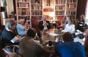 Gov.&nbsp;Asa Hutchinson talks to reporters about his trip to Europe.