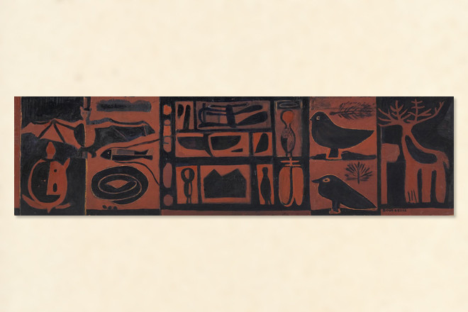 Louise BourgeoisConnecticutiana | 1944-1945Oil on wood | 11 &times; 42 in.&copy; The Easton Foundation / Licensed by VAGA