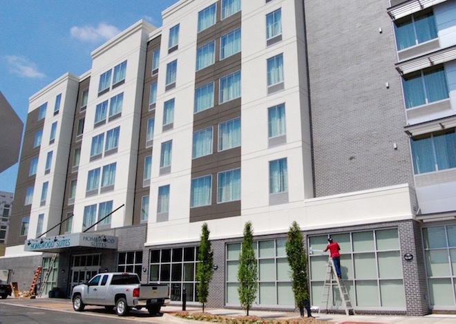 The Hilton Homewood Suites at the corner of Fourth Street and River Market Avenue in Little Rock has 116 rooms.