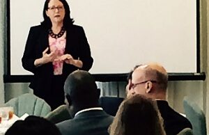 U.S. Chamber official Janet Kavinoky talks highway funding at the State Chamber's "Chamber Talks Transportation" luncheon.