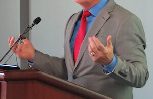 Terry Hartwick in December, announcing the Arkansas Women's Hall of Fame.