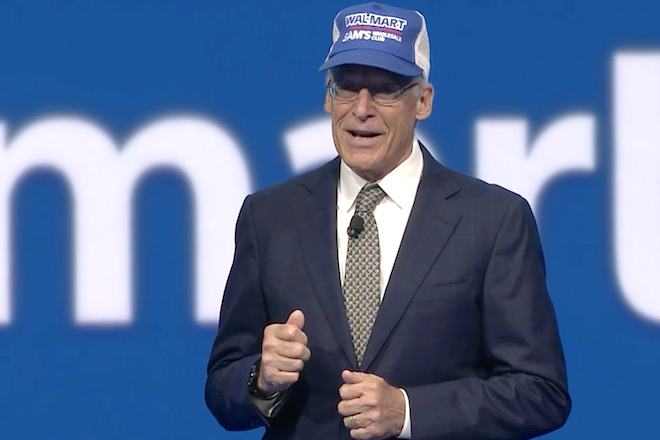 Wal-Mart Stores Inc. Chairman Rob Walton speaking during the 2015 shareholders' meeting at Bud Walton Arena in Fayetteville.
