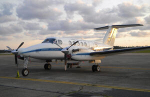 A Beechcraft King Air B200 turboprop airplane, the same model of plane as the one donated to the University of Arkansas by Tyson Foods.