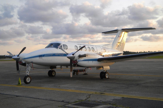 A Beechcraft King Air B200 turboprop airplane, the same model of plane as the one donated to the University of Arkansas by Tyson Foods.