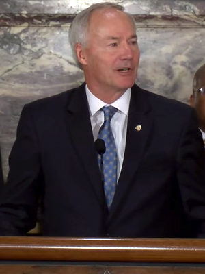 Gov. Asa Hutchinson at Tuesday's announcement in Little Rock.
