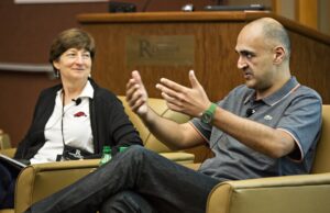 Carol Reeves of the University of Arkansas, left, and London-based investor and startup coach Permjot Valia discuss potential funding sources for social entrepreneurs&nbsp;at the 2015 Social Entrepreneurship Boot Camp at the Winthrop Rockefeller Institute on Petit Jean Mountain.