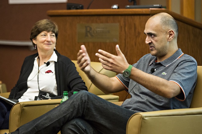 Carol Reeves of the University of Arkansas, left, and London-based investor and startup coach Permjot Valia discuss potential funding sources for social entrepreneurs&nbsp;at the 2015 Social Entrepreneurship Boot Camp at the Winthrop Rockefeller Institute on Petit Jean Mountain.